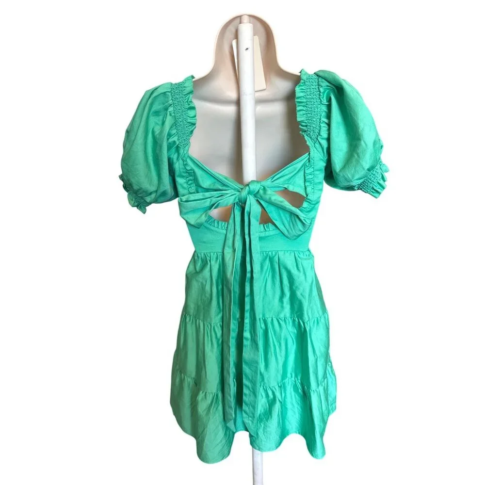 Alice + Olivia Green Smocked Puff Sleeve Mini Dress Size 2 Cotton Cottage Core